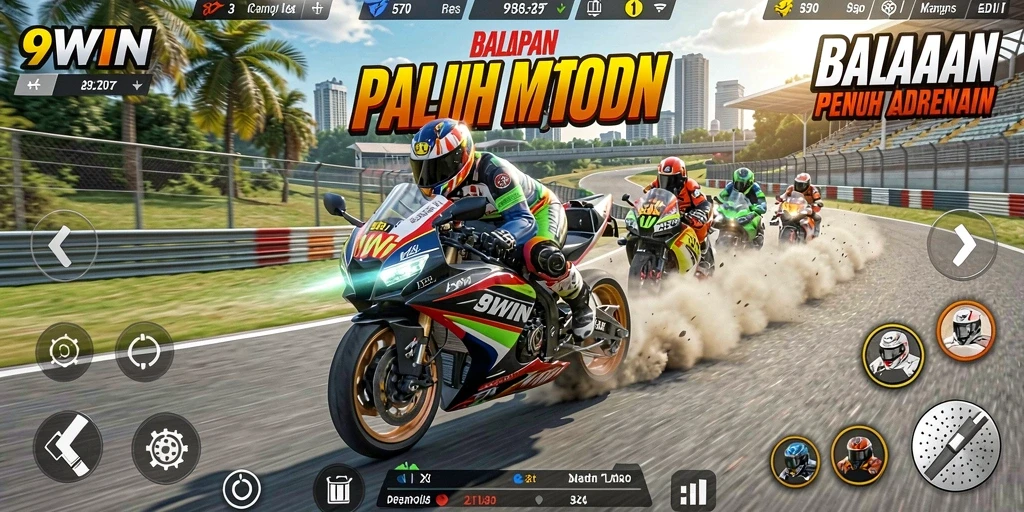Tampilan gameplay 9WIN dengan motor balap yang cepat di lintasan.