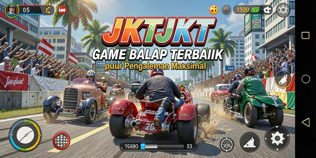 Tampilan gameplay <strong>JKTJKT</strong> yang menegangkan di lintasan balap.
