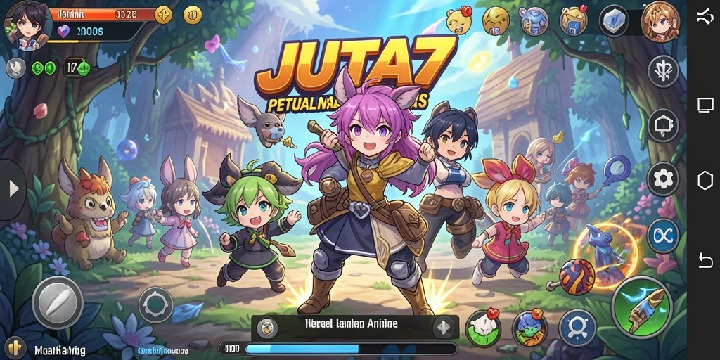 Tangkapan layar gameplay <strong>JUTA7</strong> dengan karakter anime yang beraksi.